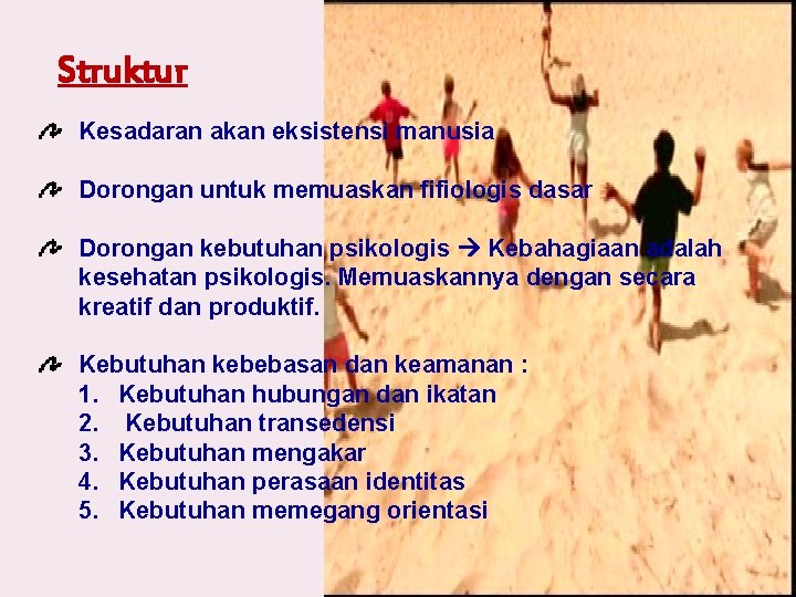 Struktur Kesadaran akan eksistensi manusia Dorongan untuk memuaskan fifiologis dasar Dorongan kebutuhan psikologis Kebahagiaan