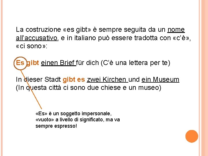 La costruzione «es gibt» è sempre seguita da un nome all’accusativo, e in italiano