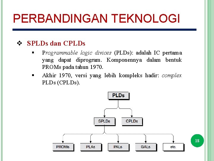 PERBANDINGAN TEKNOLOGI v SPLDs dan CPLDs § § Programmable logic divices (PLDs): adalah IC