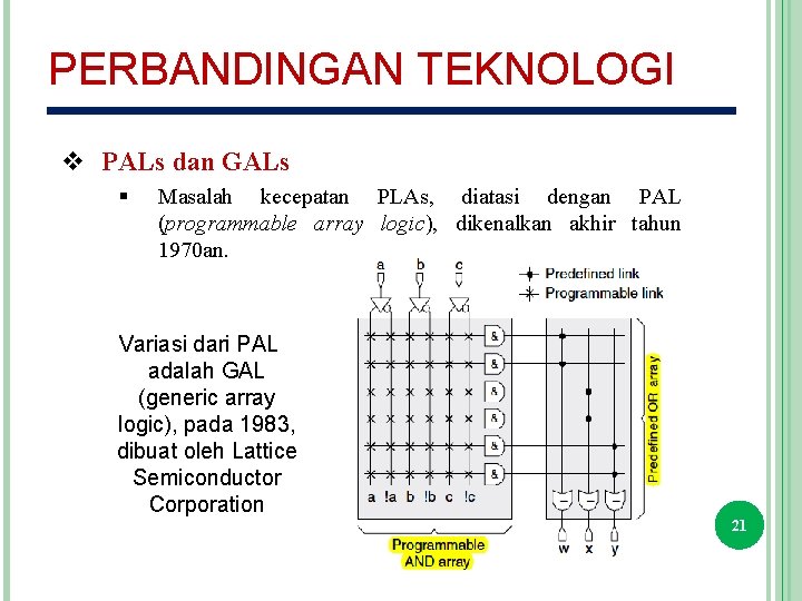 PERBANDINGAN TEKNOLOGI v PALs dan GALs § Masalah kecepatan PLAs, diatasi dengan PAL (programmable