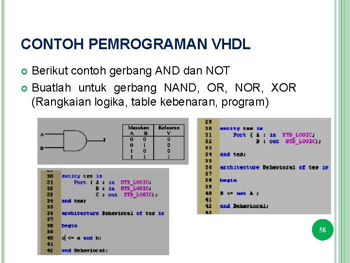 CONTOH PEMROGRAMAN VHDL Berikut contoh gerbang AND dan NOT Buatlah untuk gerbang NAND, OR,