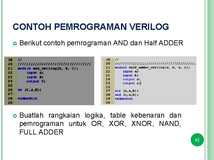 CONTOH PEMROGRAMAN VERILOG Berikut contoh pemrograman AND dan Half ADDER Buatlah rangkaian logika, table