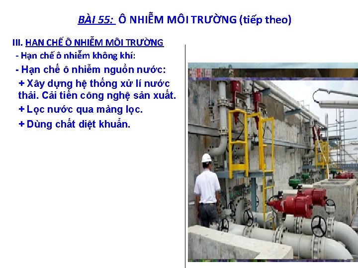 BÀI 55: Ô NHIỄM MÔI TRƯỜNG (tiếp theo) III. HẠN CHẾ Ô NHIỄM MÔI
