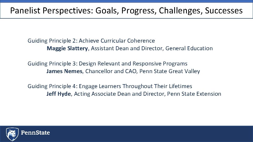 Panelist Perspectives: Goals, Progress, Challenges, Successes Guiding Principle 2: Achieve Curricular Coherence Maggie Slattery,