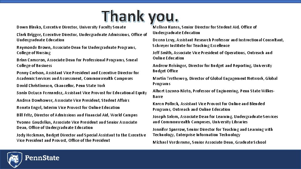 Thank you. Dawn Blasko, Executive Director, University Faculty Senate Clark Brigger, Executive Director, Undergraduate