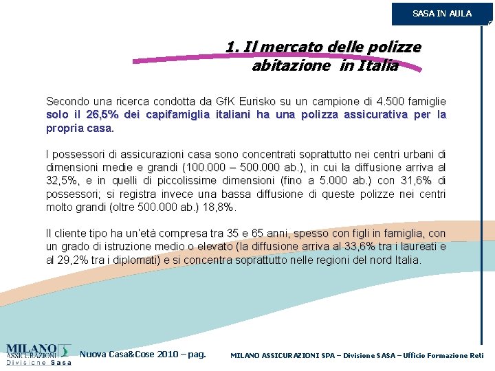 SASA IN AULA 1. Il mercato delle polizze abitazione in Italia Secondo una ricerca