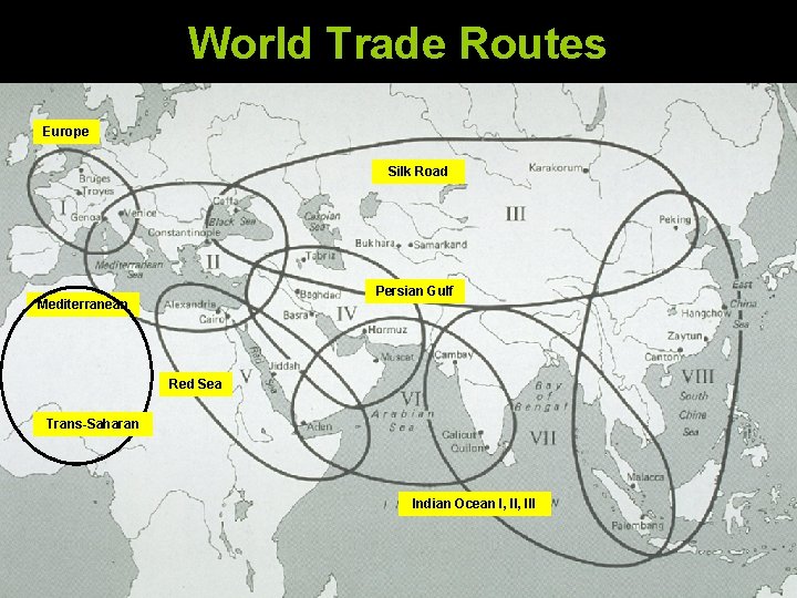 World Trade Routes Europe Silk Road Persian Gulf Mediterranean Red Sea Trans-Saharan Indian Ocean