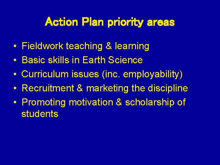 Action Plan priority areas • • • Fieldwork teaching & learning Basic skills in
