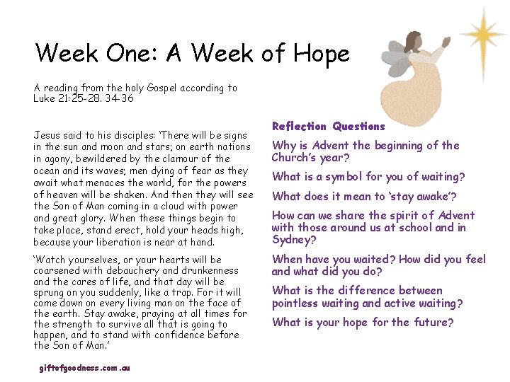 Week One: A Week of Hope A reading from the holy Gospel according to