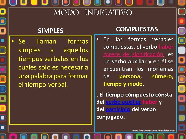 MODO INDICATIVO COMPUESTAS SIMPLES • Se llaman formas • En las formas verbales compuestas,