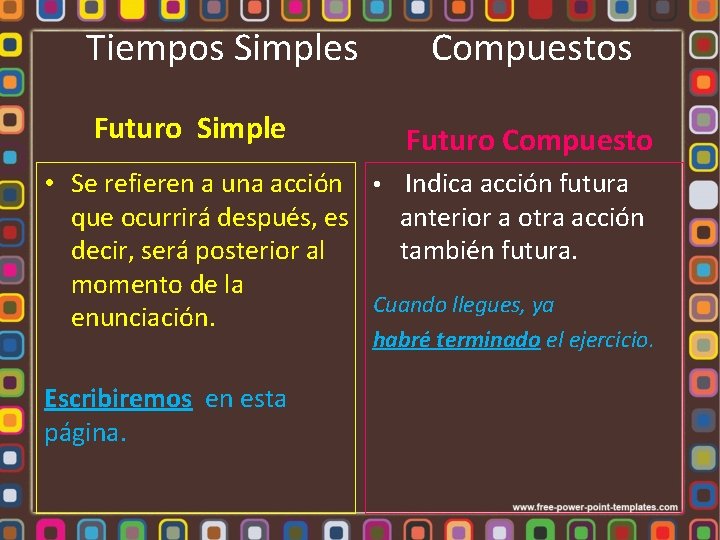 Tiempos Simples Compuestos Futuro Simple Futuro Compuesto • Se refieren a una acción •