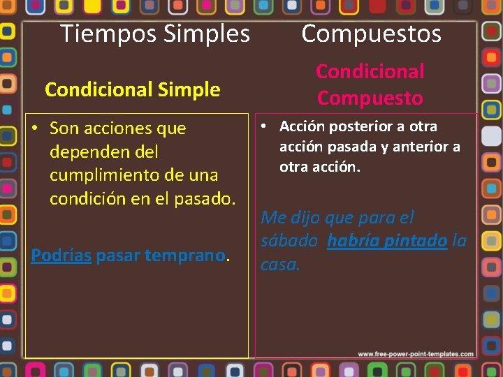 Tiempos Simples Compuestos Condicional Simple • Son acciones que dependen del cumplimiento de una