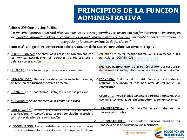 PRINCIPIOS DE LA FUNCION ADMINISTRATIVA Artículo 209 Constitución Política: “La función administrativa está al