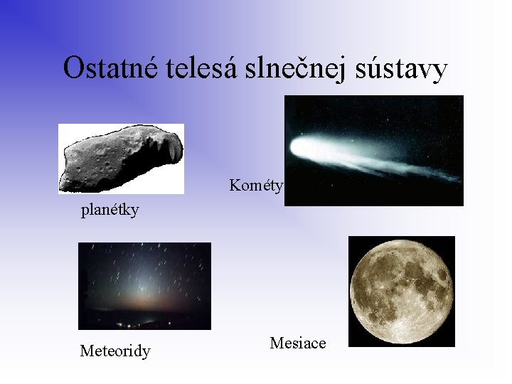 Ostatné telesá slnečnej sústavy Kométy planétky Meteoridy Mesiace 