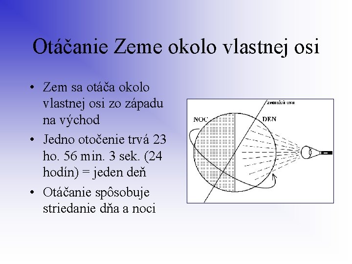 Otáčanie Zeme okolo vlastnej osi • Zem sa otáča okolo vlastnej osi zo západu