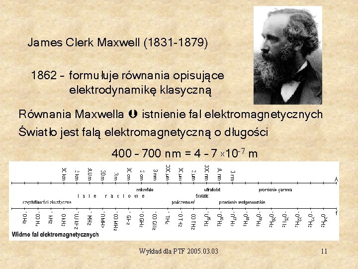 James Clerk Maxwell (1831 -1879) 1862 – formułuje równania opisujące elektrodynamikę klasyczną Równania Maxwella