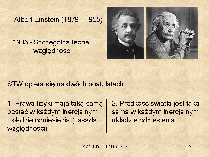 Albert Einstein (1879 - 1955) 1905 – Szczególna teoria względności STW opiera się na