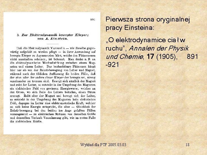 Pierwsza strona oryginalnej pracy Einsteina: „O elektrodynamice ciał w ruchu”, Annalen der Physik und