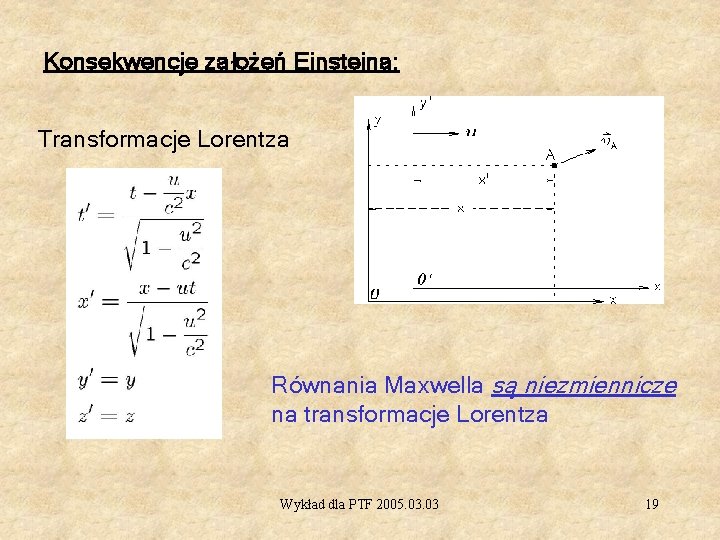 Konsekwencje założeń Einsteina: Transformacje Lorentza Równania Maxwella są niezmiennicze na transformacje Lorentza Wykład dla