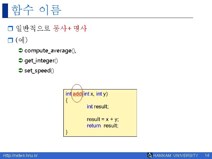 함수 이름 r 일반적으로 동사+명사 r (예) Ü compute_average(), Ü get_integer() Ü set_speed() Http: