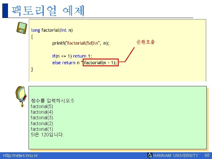 팩토리얼 예제 순환호출 정수를 입력하시오: 5 factorial(5) factorial(4) factorial(3) factorial(2) factorial(1) 5!은 120입니다. Http: