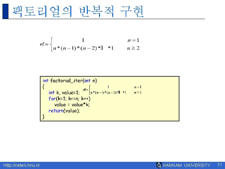 팩토리얼의 반복적 구현 Http: //netwk. hnu. kr HANNAM UNIVERSITY 71 