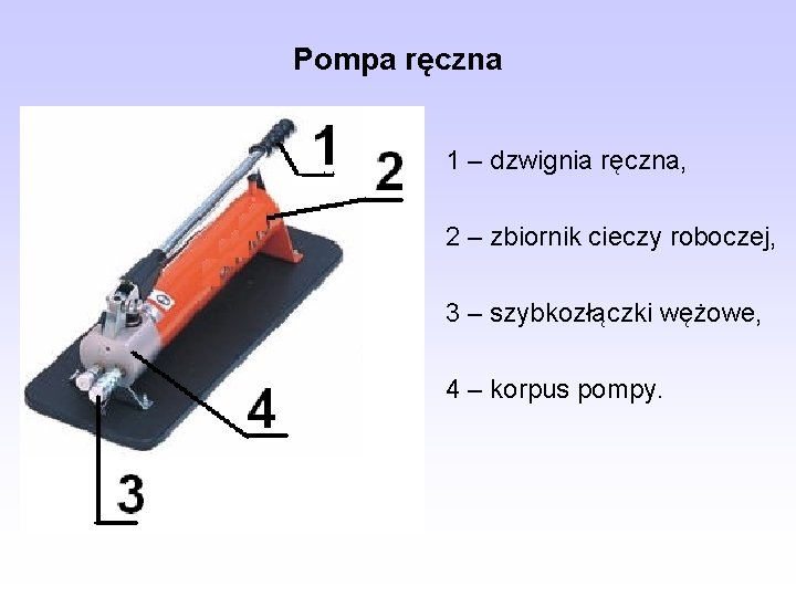 Pompa ręczna 1 – dzwignia ręczna, 2 – zbiornik cieczy roboczej, 3 – szybkozłączki