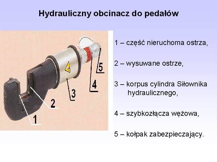 Hydrauliczny obcinacz do pedałów 1 – część nieruchoma ostrza, 2 – wysuwane ostrze, 3