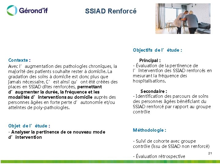 SSIAD Renforcé Objectifs de l’étude : Contexte : Avec l’augmentation des pathologies chroniques, la