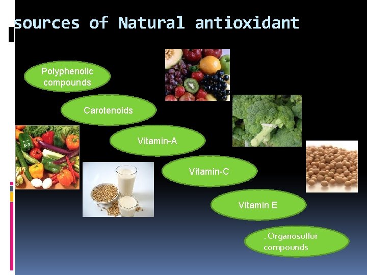 sources of Natural antioxidant Polyphenolic compounds Carotenoids Vitamin-A Vitamin-C Vitamin E. Organosulfur compounds sources of Natural antioxidant Polyphenolic compounds Carotenoids Vitamin-A Vitamin-C Vitamin E. Organosulfur compounds