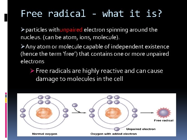 Free radical - what it is? Øparticles withunpaired electron spinning around the nucleus. (can Free radical - what it is? Øparticles withunpaired electron spinning around the nucleus. (can