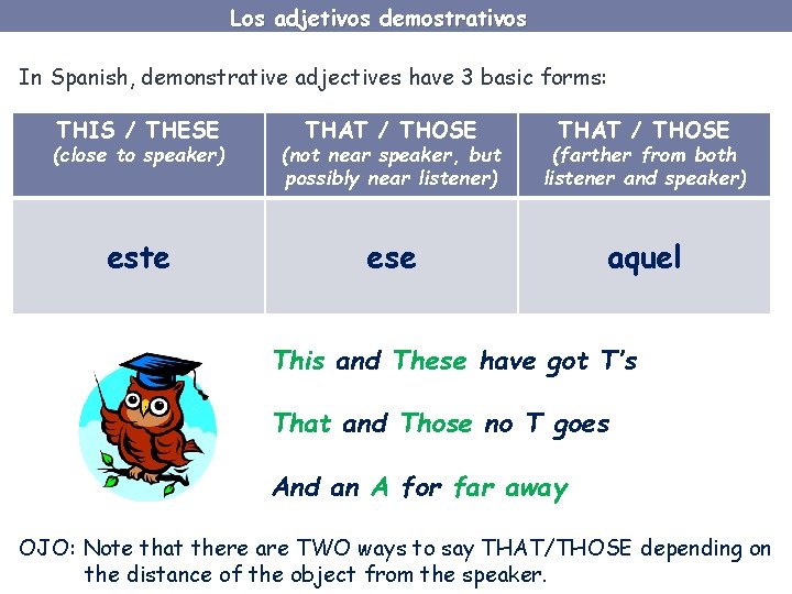 Los adjetivos demostrativos In Spanish, demonstrative adjectives have 3 basic forms: THIS / THESE