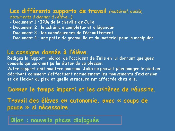 Les différents supports de travail (matériel, outils, documents à donner à l’élève…) - Document