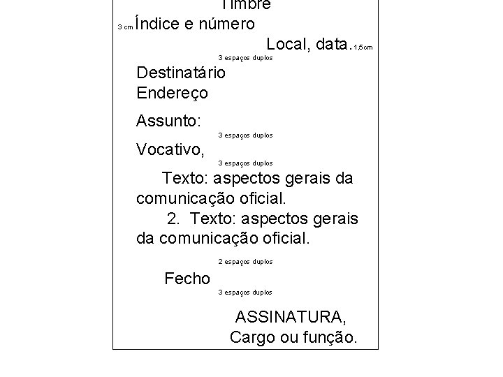 Timbre 3 cm Índice e número Local, data. 1, 5 cm 3 espaços duplos