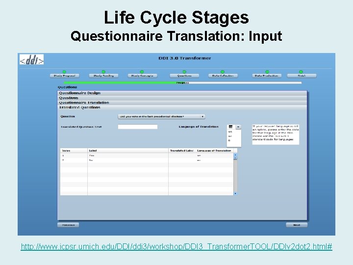 Life Cycle Stages Questionnaire Translation: Input http: //www. icpsr. umich. edu/DDI/ddi 3/workshop/DDI 3_Transformer. TOOL/DDIv Life Cycle Stages Questionnaire Translation: Input http: //www. icpsr. umich. edu/DDI/ddi 3/workshop/DDI 3_Transformer. TOOL/DDIv