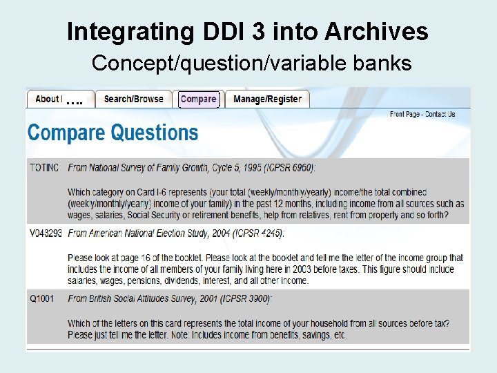Integrating DDI 3 into Archives Concept/question/variable banks …. Integrating DDI 3 into Archives Concept/question/variable banks ….