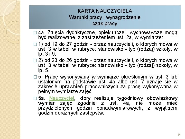 KARTA NAUCZYCIELA Warunki pracy i wynagrodzenie czas pracy � 4 a. Zajęcia dydaktyczne, opiekuńcze