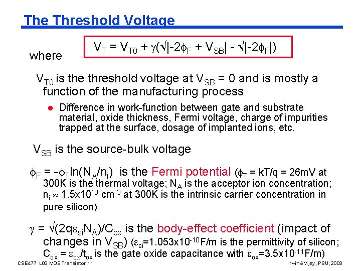 The Threshold Voltage where VT = VT 0 + ( |-2 F + VSB|