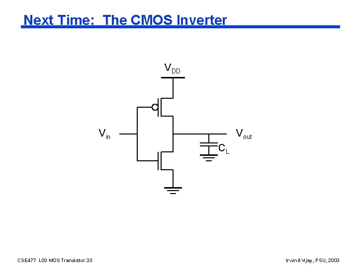 Next Time: The CMOS Inverter VDD Vin Vout CL CSE 477 L 03 MOS