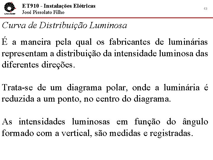 ET 910 - Instalações Elétricas José Pissolato Filho 43 Curva de Distribuição Luminosa É