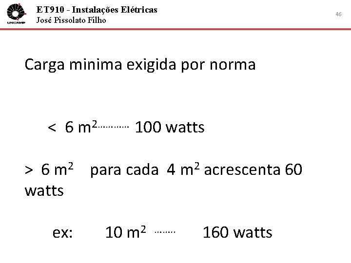 ET 910 - Instalações Elétricas 46 José Pissolato Filho Carga minima exigida por norma