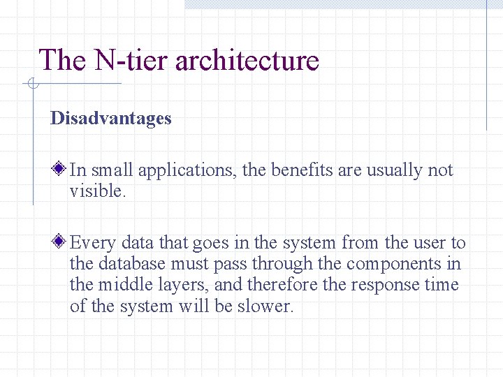 The N-tier architecture Disadvantages In small applications, the benefits are usually not visible. Every The N-tier architecture Disadvantages In small applications, the benefits are usually not visible. Every