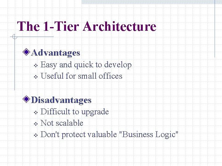 The 1 -Tier Architecture Advantages Easy and quick to develop v Useful for small The 1 -Tier Architecture Advantages Easy and quick to develop v Useful for small