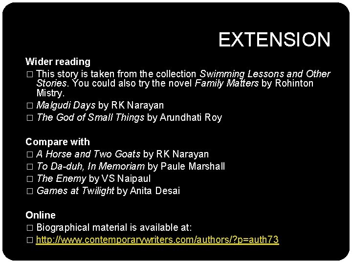 EXTENSION Wider reading � This story is taken from the collection Swimming Lessons and EXTENSION Wider reading � This story is taken from the collection Swimming Lessons and