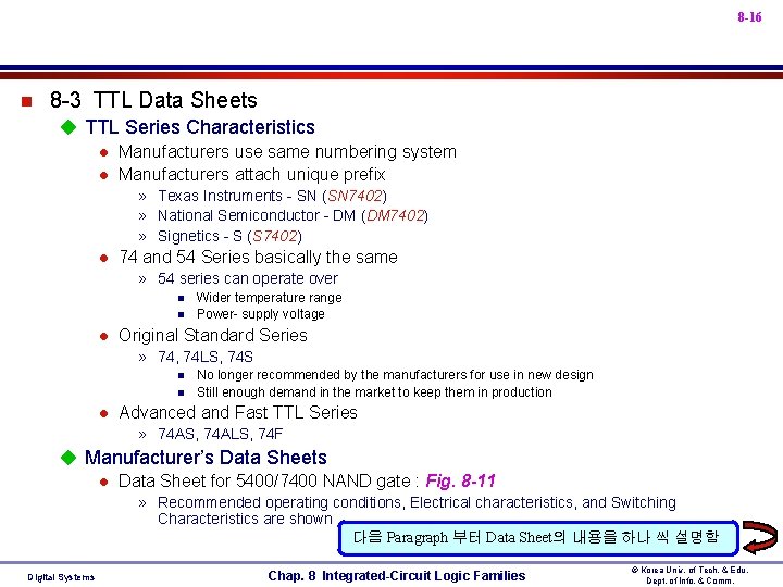 8 -16 n 8 -3 TTL Data Sheets u TTL Series Characteristics l Manufacturers