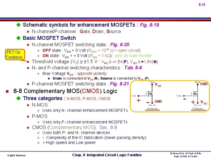 8 -31 u Schematic symbols for enhancement MOSFETs : Fig. 8 -19 l N-channel/P-channel