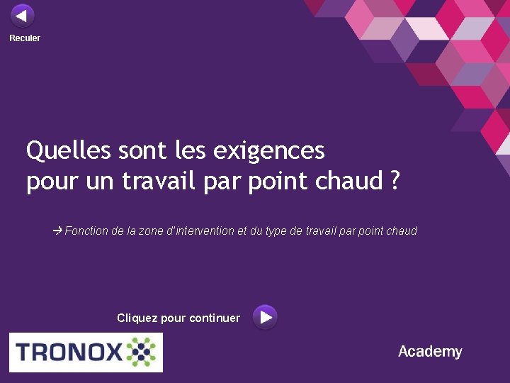 Reculer Quelles sont les exigences pour un travail par point chaud ? Fonction de