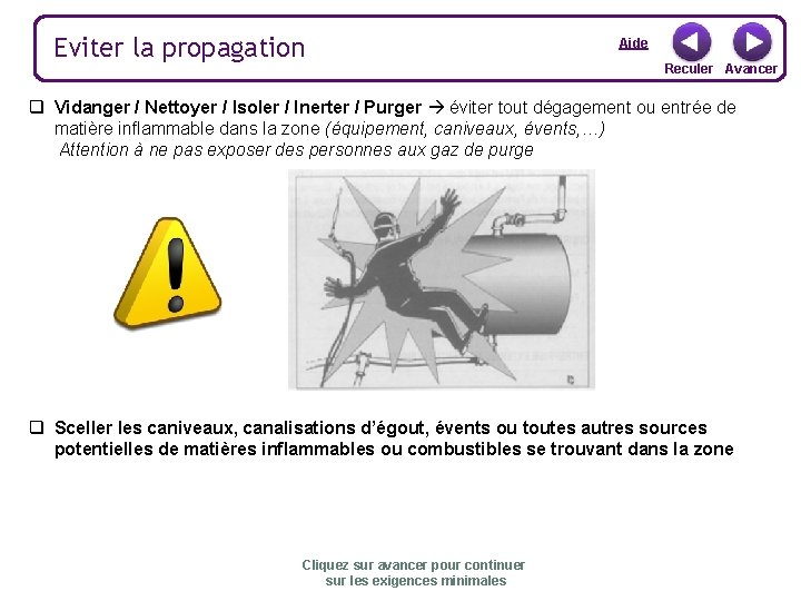 Eviter la propagation Aide Reculer Avancer q Vidanger / Nettoyer / Isoler / Inerter