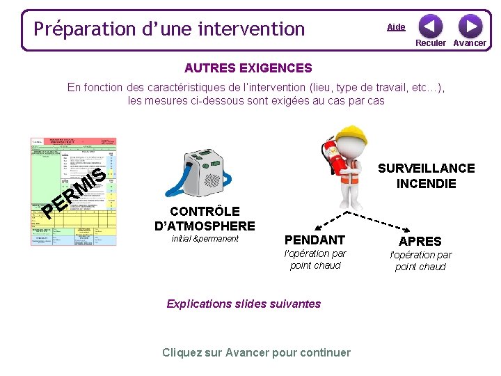 Préparation d’une intervention Aide Reculer Avancer AUTRES EXIGENCES En fonction des caractéristiques de l’intervention