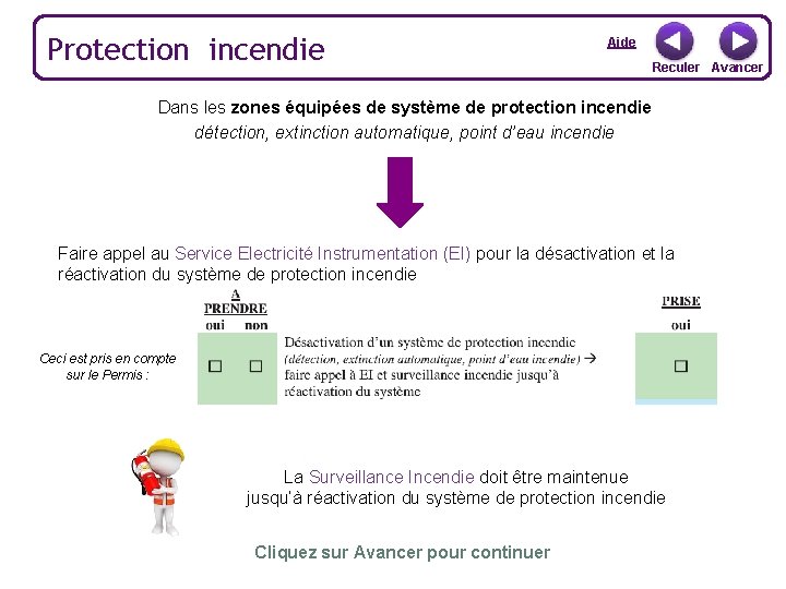 Protection incendie Aide Reculer Avancer Dans les zones équipées de système de protection incendie